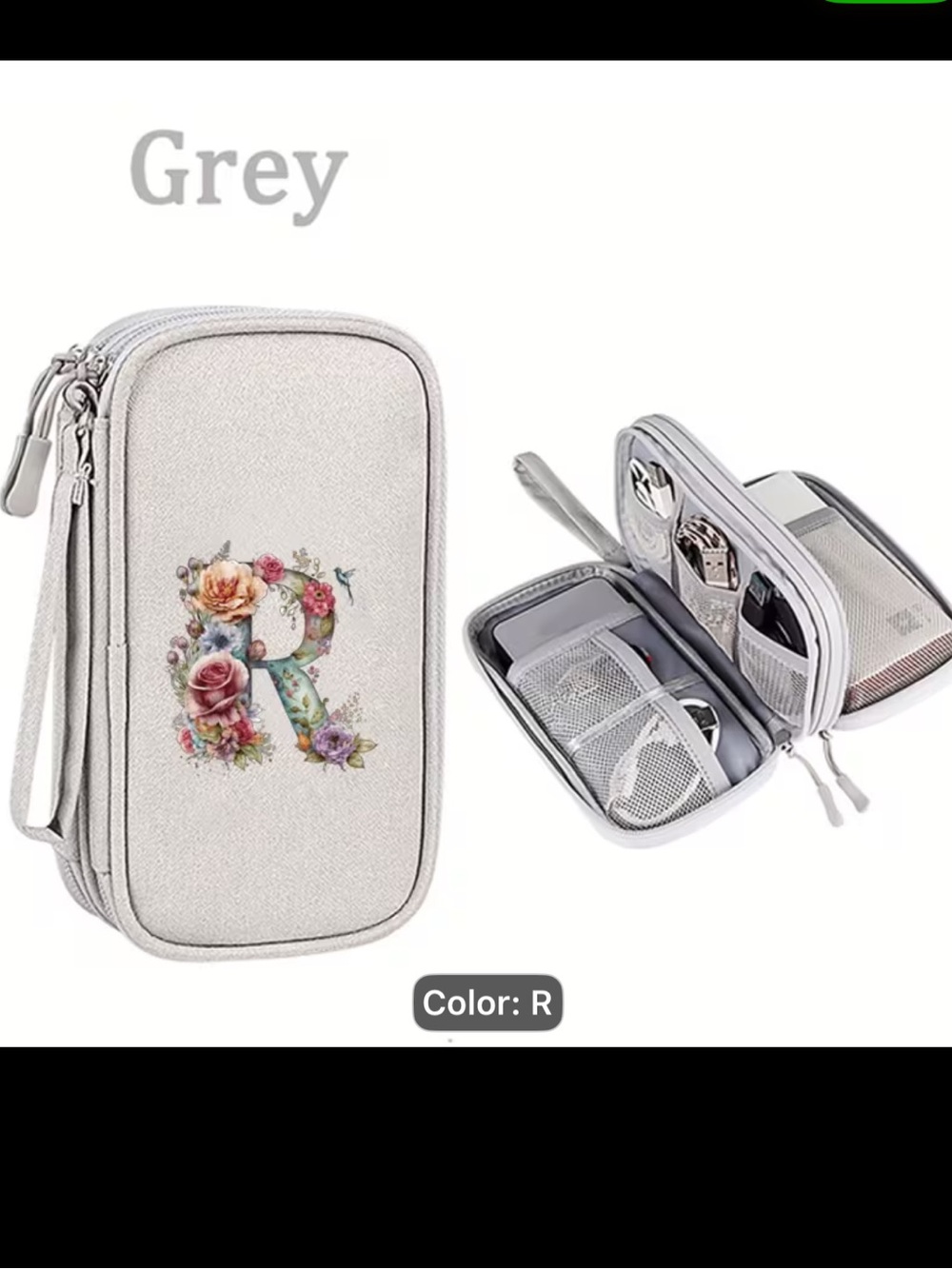 Grey Floral 'R' Monogram Digital Travel Organizer Pouch